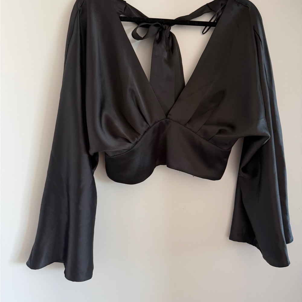 Zara Black Satin Blouse with Tie-Back